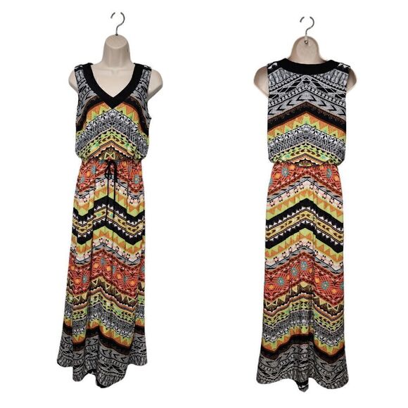 Emma & Michael Small Chevron V Neck Sleeveless Maxi Dress - Picture 1 of 3
